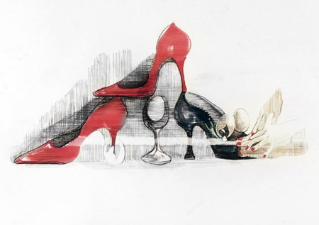 2009 - Két vörös és egy fekete nöi cipö kezekkel 70x100cm rajz